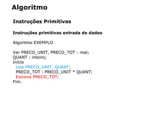 Algoritmo
Instruções Primitivas
Instruções primitivas entrada de dados
Algoritmo EXEMPLO
Var PRECO_UNIT, PRECO_TOT : real;
QUANT : inteiro;
Início
Leia PRECO_UNIT, QUANT;
PRECO_TOT  PRECO_UNIT * QUANT;
Escreva PRECO_TOT;
Fim.
 