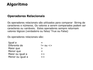 Algoritmo
Operadores Relacionais
Os operadores relacionais são utilizados para comparar String de
caracteres e números. Os valores a serem comparados podem ser
caracteres ou variáveis. Estes operadores sempre retornam
valores lógicos (verdadeiro ou falso/ True ou False)
Os operadores relacionais são:
Igual a =
Diferente de != ou <>
Maior que >
Menor que <
Maior ou igual a >=
Menor ou igual a <=
 