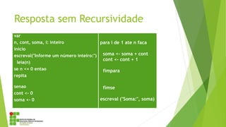 Resposta sem Recursividade
var
n, cont, soma, i: inteiro
inicio
escreval("Informe um número inteiro:")
leia(n)
se n <= 0 entao
repita
senao
cont <- 0
soma <- 0
para i de 1 ate n faca
soma <- soma + cont
cont <- cont + 1
fimpara
fimse
escreval ("Soma:", soma)
 