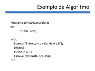 Exemplo de Algoritmo
Programa SomaDeDoisValores
var
SOMA : real;
Inicio
Escreva(“Entre com o valor de A e B”);
Leia(A,B);
SOMA := A + B;
Escreva(“Resposta=”,SOMA);
Fim

 