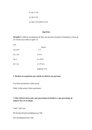 A=45-7+3/9

                     A=38/1+3/9

                     A=342+3/9=345/9=115/3




                                        Algoritmo

Ejemplo 1: elaborar un diagrama de flujo que permita encontrar la longitud y el área de
un círculo cuyo radio es igual a 5

Lea
                                        Inicio
Ao=π*r²                           r=5

Lo= π*r                         π=3.4

R=5                             a= π*r*r

Π=3.14                          L=2* π*r

                                Imprime A-L


2- Realiza un organismo que calcule la edad de una persona:


Lea fecha nacimiento, fecha actual

Edad =fecha actual, fecha nacimiento




3- Don Alberto desea saber que porcentaje de hombres y que porcentaje de
mujeres hay en el colegio



Total= #mh+nm

Ph=divide nh/total multiplique por 100

Pm=divididonm/total *100
 