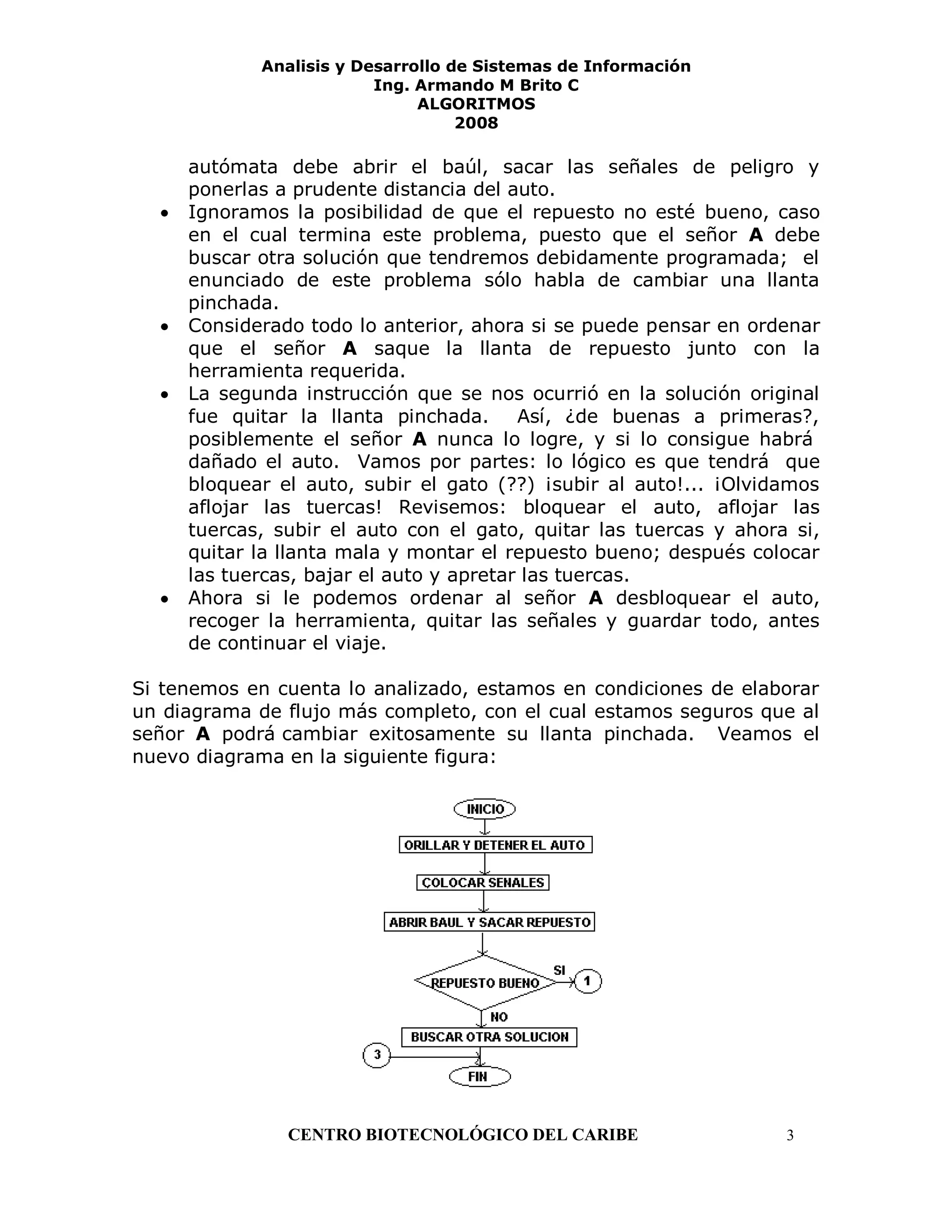Analisis y Desarrollo de Sistemas de Información
                         Ing. Armando M Brito C
                              ALGORITMOS
                                   2008

     autómata debe abrir el baúl, sacar las señales de peligro y
     ponerlas a prudente distancia del auto.
     Ignoramos la posibilidad de que el repuesto no esté bueno, caso
     en el cual termina este problema, puesto que el señor A debe
     buscar otra solución que tendremos debidamente programada; el
     enunciado de este problema sólo habla de cambiar una llanta
     pinchada.
     Considerado todo lo anterior, ahora si se puede pensar en ordenar
     que el señor A saque la llanta de repuesto junto con la
     herramienta requerida.
     La segunda instrucción que se nos ocurrió en la solución original
     fue quitar la llanta pinchada.      Así, ¿de buenas a primeras?,
     posiblemente el señor A nunca lo logre, y si lo consigue habrá
     dañado el auto. Vamos por partes: lo lógico es que tendrá que
     bloquear el auto, subir el gato (??) ¡subir al auto!... ¡Olvidamos
     aflojar las tuercas! Revisemos: bloquear el auto, aflojar las
     tuercas, subir el auto con el gato, quitar las tuercas y ahora si,
     quitar la llanta mala y montar el repuesto bueno; después colocar
     las tuercas, bajar el auto y apretar las tuercas.
     Ahora si le podemos ordenar al señor A desbloquear el auto,
     recoger la herramienta, quitar las señales y guardar todo, antes
     de continuar el viaje.

Si tenemos en cuenta lo analizado, estamos en condiciones de elaborar
un diagrama de flujo más completo, con el cual estamos seguros que al
señor A podrá cambiar exitosamente su llanta pinchada. Veamos el
nuevo diagrama en la siguiente figura:




               CENTRO BIOTECNOLÓGICO DEL CARIBE                    3
 