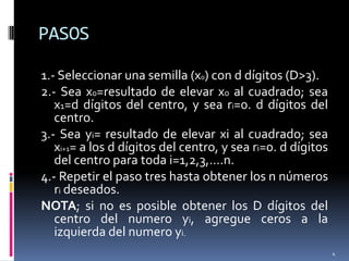 PASOS1.- Seleccionar una semilla (x0) con d dígitos (D>3).2.- Sea x0=resultado de elevar x0 al cuadrado; sea x1=d dígitos del centro, y sea ri=0. d dígitos del centro.3.- Sea yi= resultado de elevar xi al cuadrado; sea xi+1= a los d dígitos del centro, y sea ri=0. d dígitos del centro para toda i=1,2,3,….n.4.- Repetir el paso tres hasta obtener los n números ri deseados. NOTA; si no es posible obtener los D dígitos del centro del numero yi, agregue ceros a la izquierda del numero yi.4