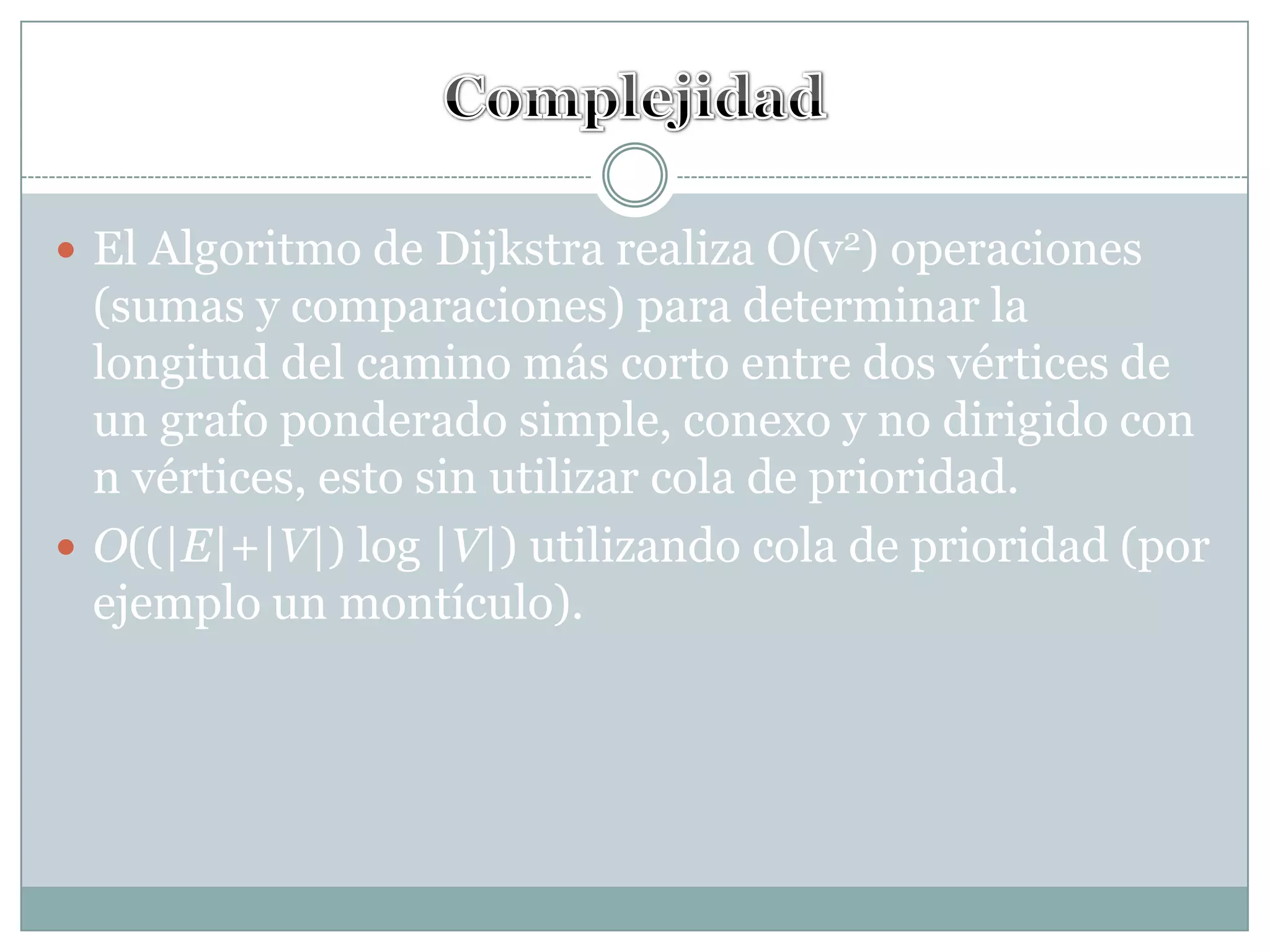 ComplejidadEl Algoritmo de Dijkstra realiza O(v2) operaciones (sumas y comparaciones) para determinar la longitud del camino más corto entre dos vértices de un grafo ponderado simple, conexo y no dirigido con n vértices, esto sin utilizar cola de prioridad. O((|E|+|V|) log |V|) utilizando cola de prioridad (por ejemplo un montículo).