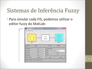 • Para simular cada FIS, podemos utilizar o
editor fuzzy do MatLab:
Sistemas de Inferência Fuzzy
27
 