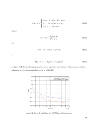 α(n + 1) =



αmax si α (n + 1) > αmax,
αmin si α (n + 1) < αmin,
α (n + 1) otro caso.
(2.21)
donde:
α (n + 1) =
¯R2
ey(n + 1)
¯x2(n + 1)
, (2.22)
con
¯x2
(n + 1) = λx2
(n) + ε[x2
(n)] (2.23)
y
¯R2
ey(n + 1) = λ ¯R2
ey(n) + ε[e(n)ˆy(n)]2
. (2.24)
La ﬁgura (2.4) ilustra el comportamiento de este algoritmo para distintos valores de paso m´ınimo y
m´aximo y bajo los mismos par´ametros de la tabla (2.1).
Figura 2.4: Error de identiﬁcaci´on VS-SC para distintas cotas
23
 