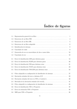 ´Indice de ﬁguras
1.1 Representaci´on general de un ﬁltro . . . . . . . . . . . . . . . . . . . . . . . . . . . . 1
1.2 Estructura de un ﬁltro FIR . . . . . . . . . . . . . . . . . . . . . . . . . . . . . . . . 4
1.3 Estructura de un ﬁltro IIR . . . . . . . . . . . . . . . . . . . . . . . . . . . . . . . . . 5
1.4 Estructura de un ﬁltro adaptable . . . . . . . . . . . . . . . . . . . . . . . . . . . . . 6
1.5 Identiﬁcaci´on de sistemas . . . . . . . . . . . . . . . . . . . . . . . . . . . . . . . . . 8
1.6 Cancelador de ruido . . . . . . . . . . . . . . . . . . . . . . . . . . . . . . . . . . . . 9
1.7 Generaci´on de eco en convertidores de dos a cuatro hilos . . . . . . . . . . . . . . . . 10
1.8 Cancelador de eco . . . . . . . . . . . . . . . . . . . . . . . . . . . . . . . . . . . . . 10
2.1 Error de identiﬁcaci´on LMS para distintos pasos . . . . . . . . . . . . . . . . . . . . 18
2.2 Error de identiﬁcaci´on NLMS para distintos pasos . . . . . . . . . . . . . . . . . . . 20
2.3 Error de identiﬁcaci´on VSS para distintas cotas . . . . . . . . . . . . . . . . . . . . . 21
2.4 Error de identiﬁcaci´on VS-SC para distintas cotas . . . . . . . . . . . . . . . . . . . 23
2.5 Error de identiﬁcaci´on VSS-LMS para distintas cotas . . . . . . . . . . . . . . . . . . 25
3.1 Filtro adaptable en conﬁguraci´on de identiﬁcador de sistemas . . . . . . . . . . . . . 27
3.2 Desviaci´on est´andar del error a distintas S/N . . . . . . . . . . . . . . . . . . . . . . 29
3.3 Desviaci´on est´andar del error en VSS y el umbral ξ . . . . . . . . . . . . . . . . . . . 30
3.4 Derivadas de la desviaci´on est´andar del errorDσ . . . . . . . . . . . . . . . . . . . . . 31
3.5 Filtro adaptable en conﬁguraci´on de identiﬁcador de sistemas . . . . . . . . . . . . . 35
3.6 Error de identiﬁcaci´on VSS vs Propuesto . . . . . . . . . . . . . . . . . . . . . . . . 37
3.7 Error de estimaci´on VSS vs Propuesto . . . . . . . . . . . . . . . . . . . . . . . . . . 38
3.8 MSE para VSS vs Propuesto . . . . . . . . . . . . . . . . . . . . . . . . . . . . . . . 38
ix
 
