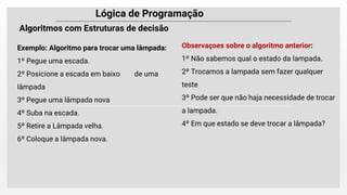 Lógica de Programação
Algoritmos com Estruturas de decisão
Exemplo: Algoritmo para trocar uma lâmpada:
1º Pegue uma escada.
2º Posicione a escada em baixo de uma
lâmpada
3º Pegue uma lâmpada nova
4º Suba na escada.
5º Retire a Lâmpada velha.
6º Coloque a lâmpada nova.
Observaçoes sobre o algoritmo anterior:
1º Não sabemos qual o estado da lampada.
2º Trocamos a lampada sem fazer qualquer
teste
3º Pode ser que não haja necessidade de trocar
a lampada.
4º Em que estado se deve trocar a lâmpada?
 