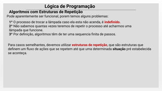 Lógica de Programação
Pode aparentemente ser funcional, porem temos alguns problemas:
Algoritmos com Estruturas de Repetição
1º O processo de trocar a lâmpada caso ela esta não acenda, é indeﬁnido.
2º Não sabemos quantas vezes teremos de repetir o processo até acharmos uma
lâmpada que funcione.
3º Por deﬁnição, algoritmos têm de ter uma sequencia ﬁnita de passos.
Para casos semelhantes, devemos utilizar estruturas de repetição, que são estruturas que
deﬁnem um ﬂuxo de ações que se repetem até que uma determinada situação pré estabelecida
se aconteça.
 