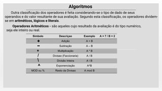 Outra classiﬁcação dos operadores é feita considerando-se o tipo de dado de seus
operandos e do valor resultante de sua avaliação. Segundo esta classiﬁcação, os operadores dividem-
se em aritméticos, lógicos e literais.
Operadores Aritméticos - são aqueles cujo resultado da avaliação é do tipo numérico,
seja ele inteiro ou real.
Simbolo Descriçao Exemplo A = 7 / B = 2
Adição A + B
Subtração A – B
Multiplicação A * B
Divisao (Faccionaria) A / B
Divisão Inteira A  B
Exponenciação A^B
MOD ou % Resto da Divisao A mod B
*

^
/
 