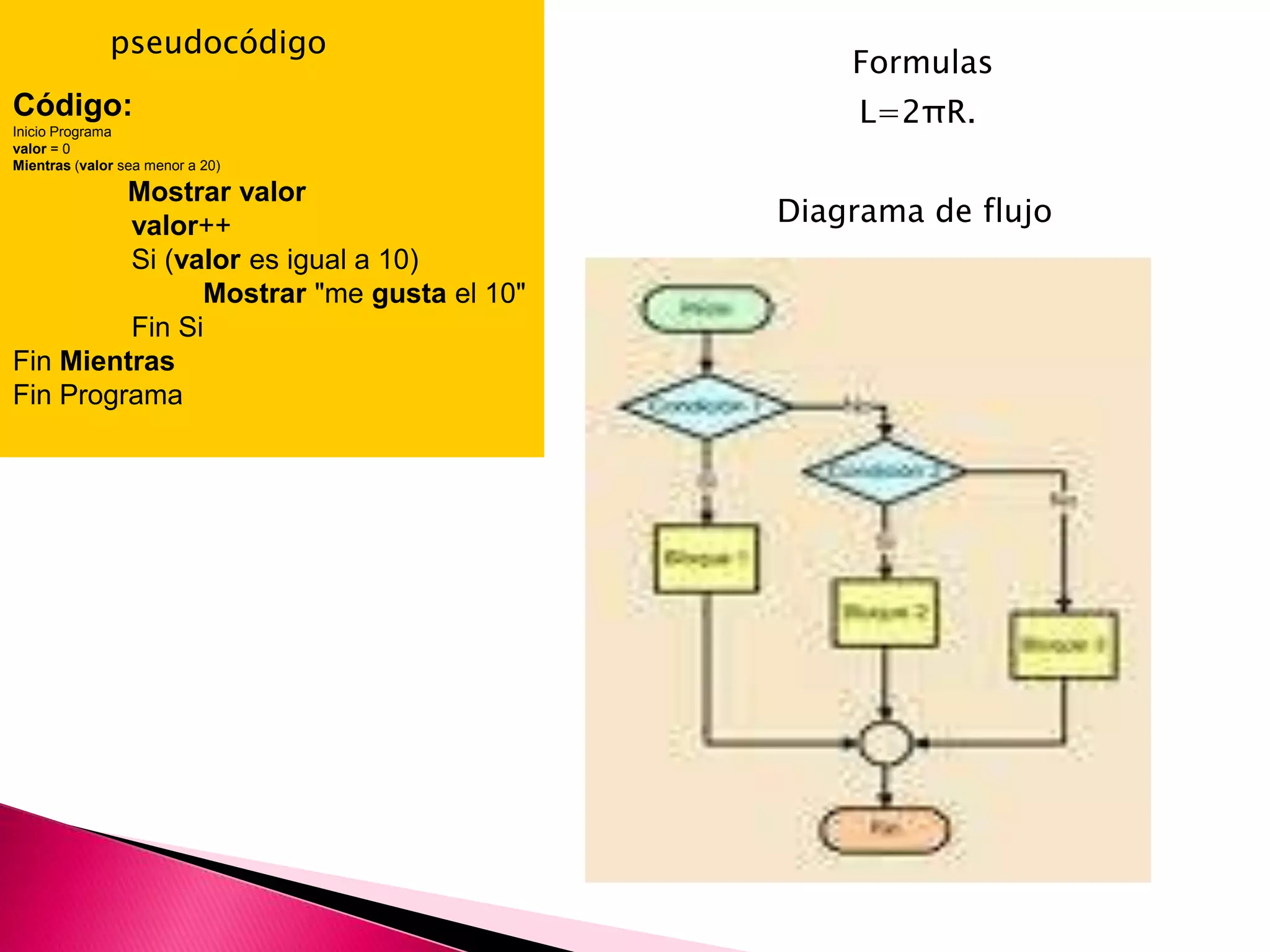 Código:Inicio Programavalor = 0Mientras (valor sea menor a 20)               Mostrarvalor               valor++               Si (valor es igual a 10)                        Mostrar "me gusta el 10"               Fin SiFin MientrasFin ProgramapseudocódigoFormulasL=2πR.Diagrama de flujo