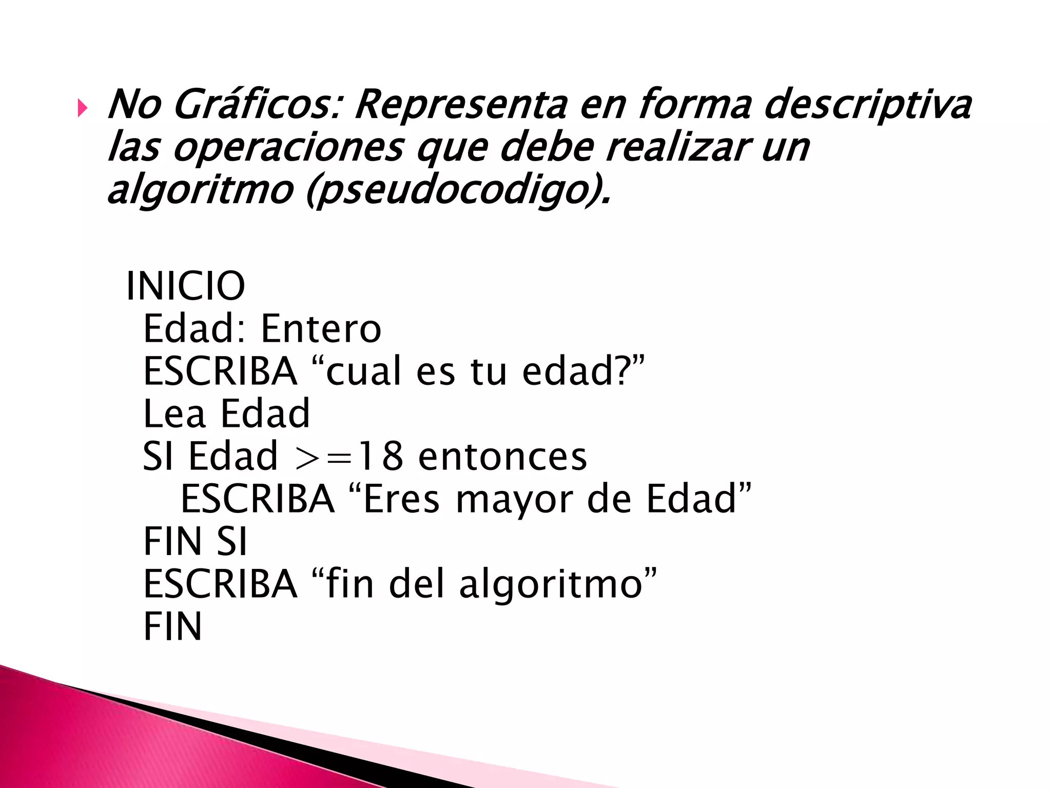 No Gráficos: Representa en forma descriptiva las operaciones que debe realizar un algoritmo (pseudocodigo).     INICIO    Edad: Entero    ESCRIBA “cual es tu edad?”    Lea Edad    SI Edad >=18 entonces       ESCRIBA “Eres mayor de Edad”    FIN SI    ESCRIBA “fin del algoritmo”    FIN 