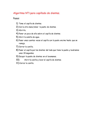 Algoritmo N°1 para cepillado de dientes.
Pasos:
1) Toma el cepillo de dientes.
2) Con la otra mano,tomar la pasta de dientes.
3) Abrirla.
4) Poner un poco de ella sobre el cepillo de dientes.
5) Abrir la camilla de agua.
6) Pasar unas cuantas veces el cepillo con la pasta encima hasta que se
remoje.
7) Cerrar la canilla.
8) Pasar el cepillo por los dientes del lado que tiene la pasta y lavárselos
unos 30 segundos.
9) Escupir la pasta de dientes en el lavamanos.
10) Abrir la canilla y lavar el cepillo de dientes.
11) Cerrar la canilla.
 