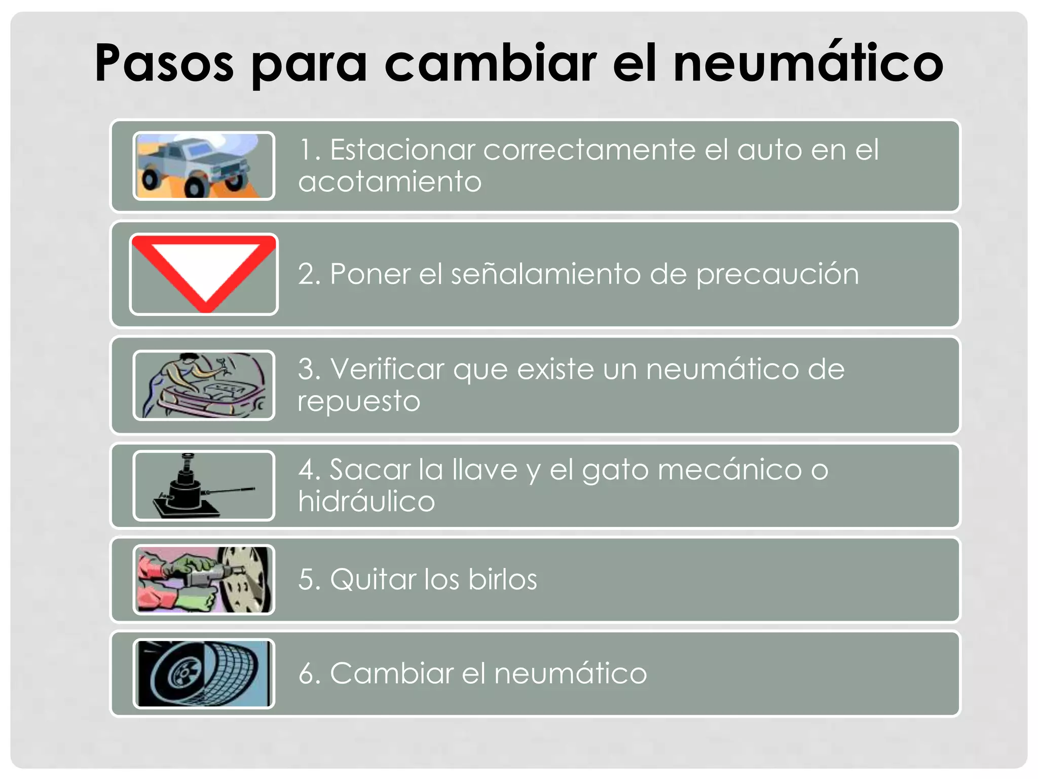 Pasos para cambiar el neumático
1. Estacionar correctamente el auto en el
acotamiento
2. Poner el señalamiento de precaución
3. Verificar que existe un neumático de
repuesto
4. Sacar la llave y el gato mecánico o
hidráulico
5. Quitar los birlos
6. Cambiar el neumático