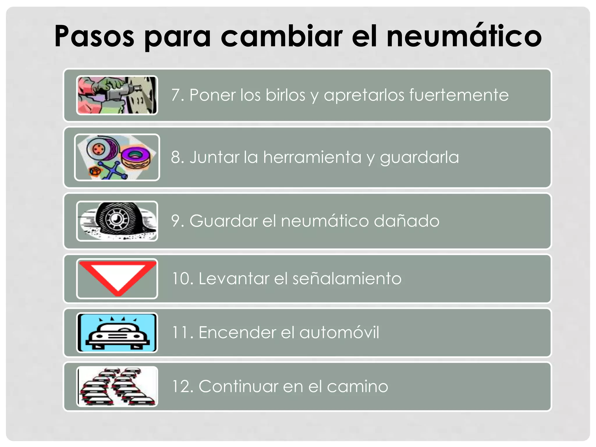 Pasos para cambiar el neumático
7. Poner los birlos y apretarlos fuertemente
8. Juntar la herramienta y guardarla
9. Guardar el neumático dañado
10. Levantar el señalamiento
11. Encender el automóvil
12. Continuar en el camino