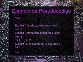 Ejemplo de Pseudocódigo
 Inicio

 Escribir “Introduzca el primer valor”
 Leer i
 Escribir “Introduzca el segundo valor”
 Leer j
 K= ( i + j ) / 2
 Escribir “El resultado de la operación
 es: ”, K
 Fin
 