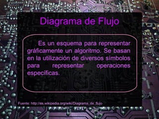 Diagrama de Flujo

         Es un esquema para representar
     gráficamente un algoritmo. Se basan
     en la utilización de diversos símbolos
     para       representar     operaciones
     específicas.



Fuente: http://es.wikipedia.org/wiki/Diagrama_de_flujo
 