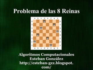 Problema de las 8 Reinas




 Algoritmos Computacionales
      Esteban González
 http://esteban-gzz.blogspot.
             com/
 
