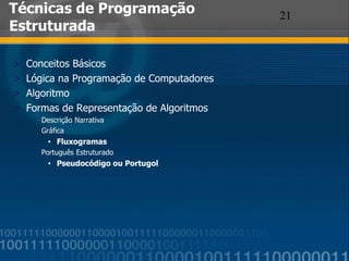 Técnicas de Programação Estruturada Conceitos Básicos Lógica na Programação de Computadores Algoritmo Formas de Representação de Algoritmos Descrição Narrativa Gráfica Fluxogramas Português Estruturado  Pseudocódigo ou Portugol 