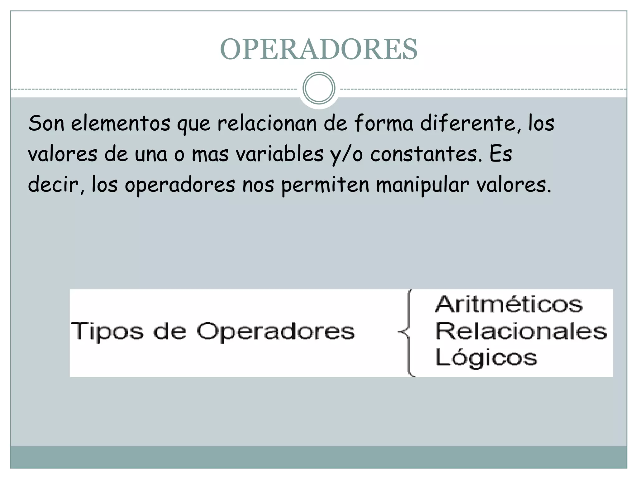 Es un espacio en la memoria de la computadora que permite almacenar temporalmente un dato durante la ejecución de un proceso, su contenido puede cambiar durante la ejecución del programa.VARIABLES