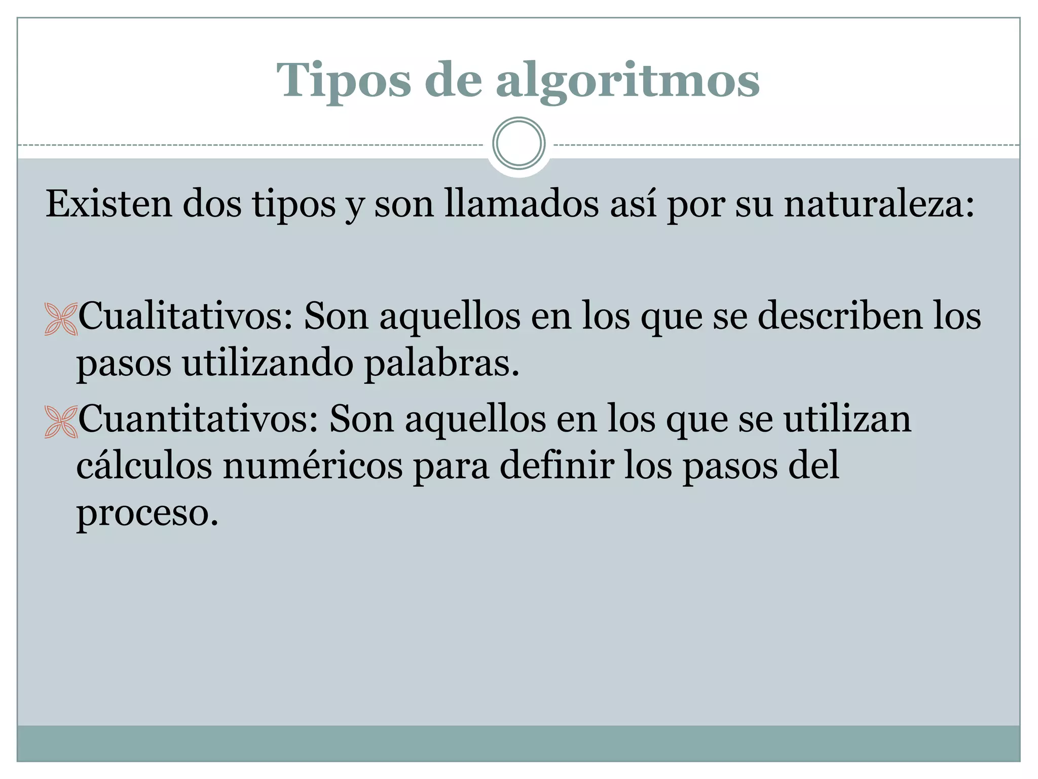 Tipos de algoritmosExisten dos tipos y son llamados así por su naturaleza:Cualitativos: Son aquellos en los que se describen los pasos utilizando palabras. 