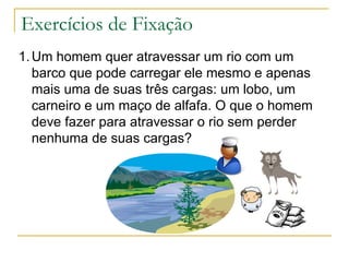 Exercícios de Fixação Um homem quer atravessar um rio com um barco que pode carregar ele mesmo e apenas mais uma de suas três cargas: um lobo, um carneiro e um maço de alfafa. O que o homem deve fazer para atravessar o rio sem perder nenhuma de suas cargas? 