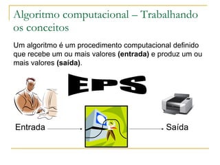 Algoritmo computacional – Trabalhando os conceitos Um algoritmo é um procedimento computacional definido que recebe um ou mais valores  (entrada)  e produz um ou mais valores  (saída) .  Entrada Saída EPS 