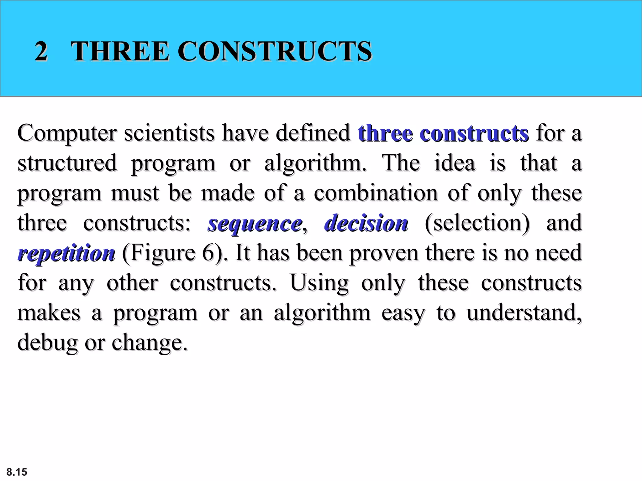 8.15
2 THREE CONSTRUCTS2 THREE CONSTRUCTS
Computer scientists have definedComputer scientists have defined three constructsthree constructs for afor a
structured program or algorithm. The idea is that astructured program or algorithm. The idea is that a
program must be made of a combination of only theseprogram must be made of a combination of only these
three constructs:three constructs: sequencesequence,, decisiondecision (selection) and(selection) and
repetitionrepetition (Figure 6). It has been proven there is no need(Figure 6). It has been proven there is no need
for any other constructs. Using only these constructsfor any other constructs. Using only these constructs
makes a program or an algorithm easy to understand,makes a program or an algorithm easy to understand,
debug or change.debug or change.
 