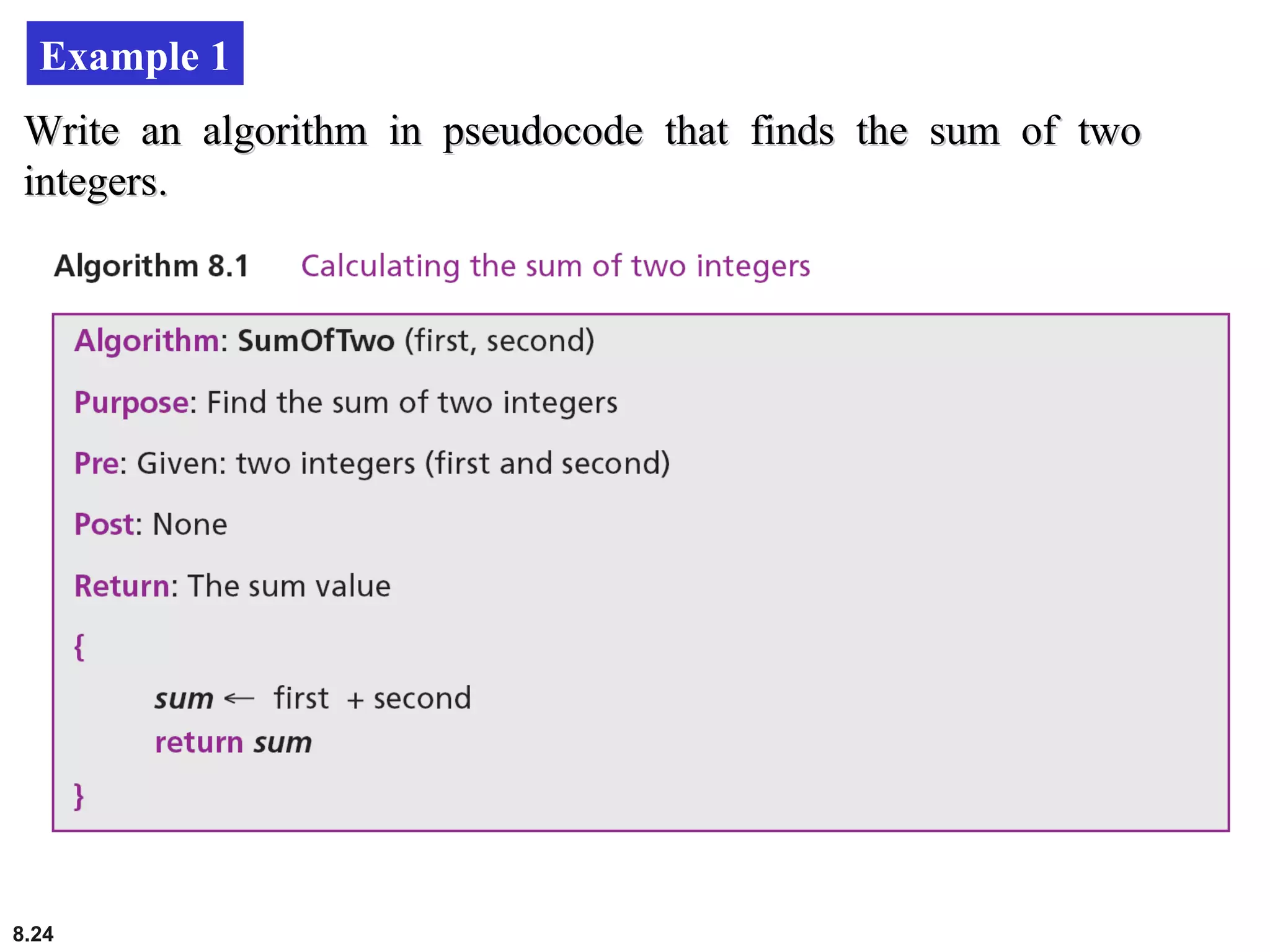 8.24
Example 1
Write an algorithm in pseudocode that finds the sum of twoWrite an algorithm in pseudocode that finds the sum of two
integers.integers.
 