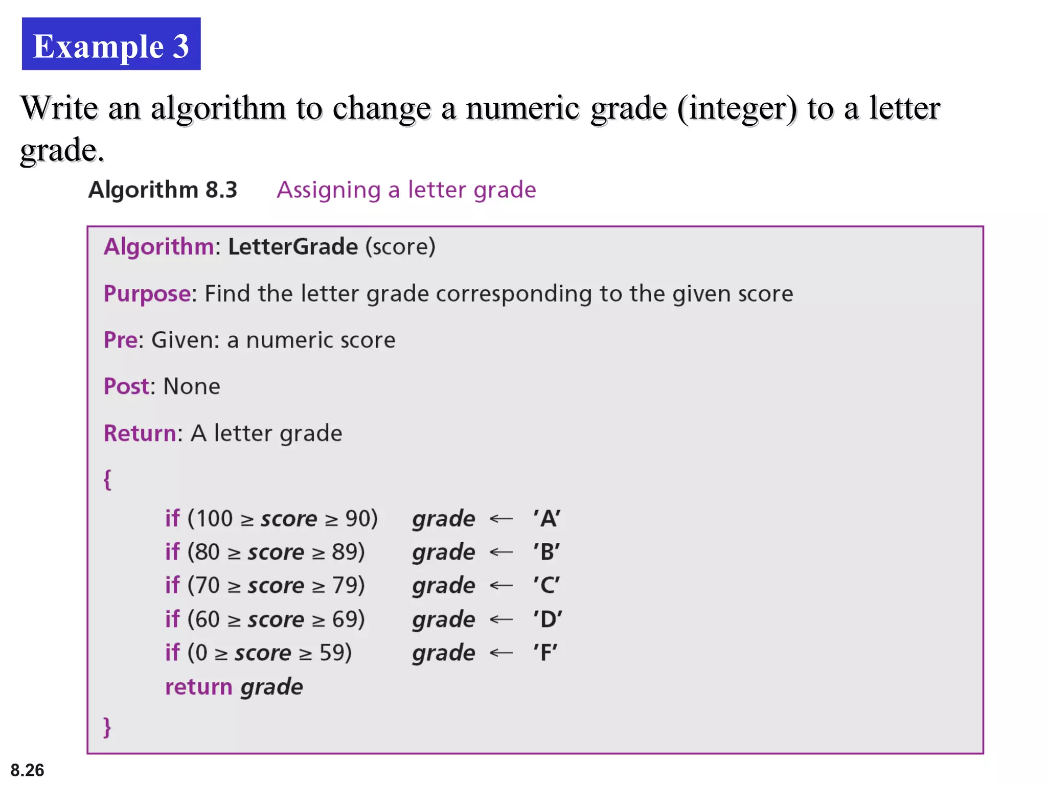 8.26
Example 3
Write an algorithm to change a numeric grade (integer) to a letterWrite an algorithm to change a numeric grade (integer) to a letter
grade.grade.
 