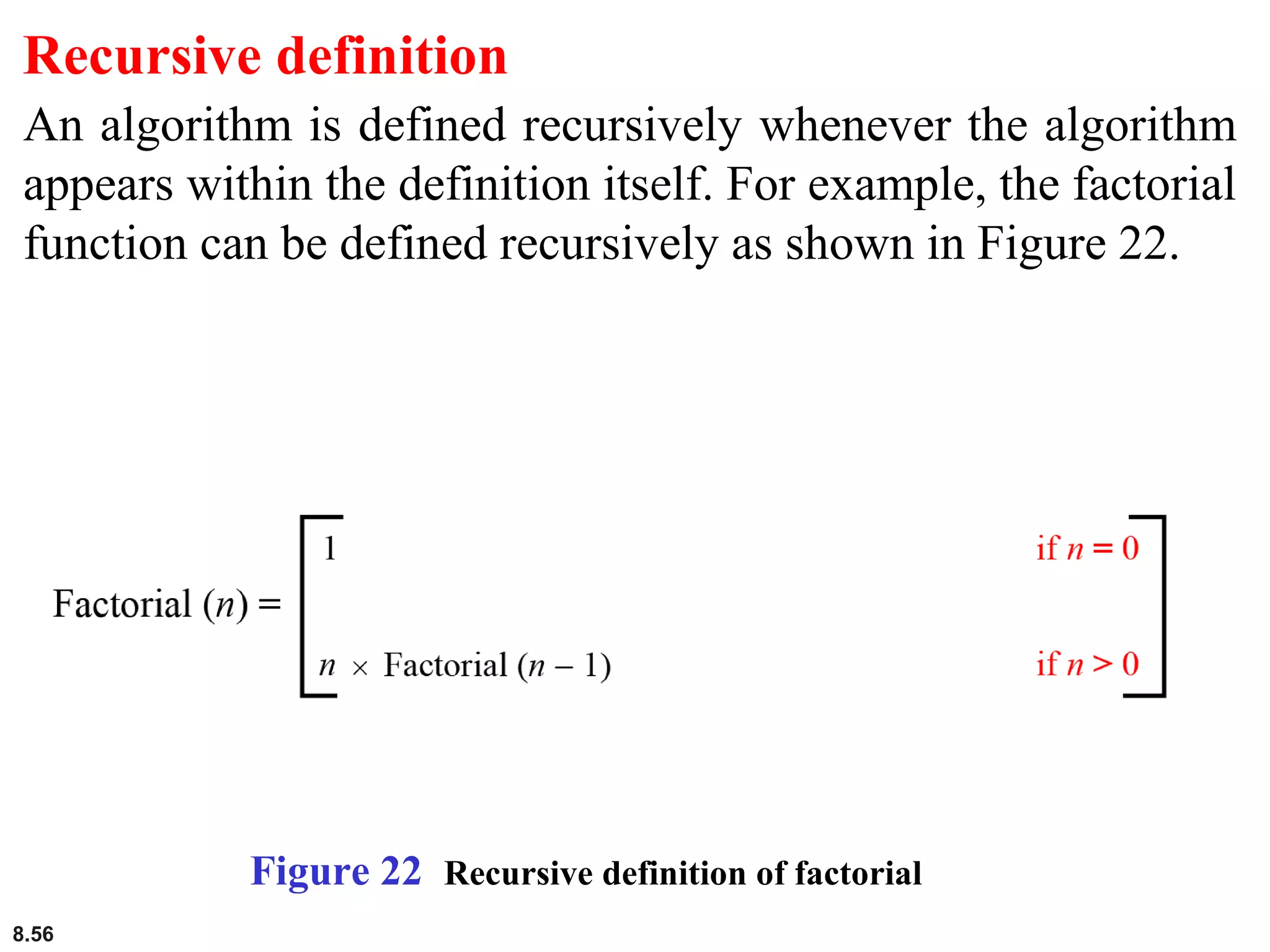 8.56
Recursive definition
An algorithm is defined recursively whenever the algorithm
appears within the definition itself. For example, the factorial
function can be defined recursively as shown in Figure 22.
Figure 22 Recursive definition of factorial
 