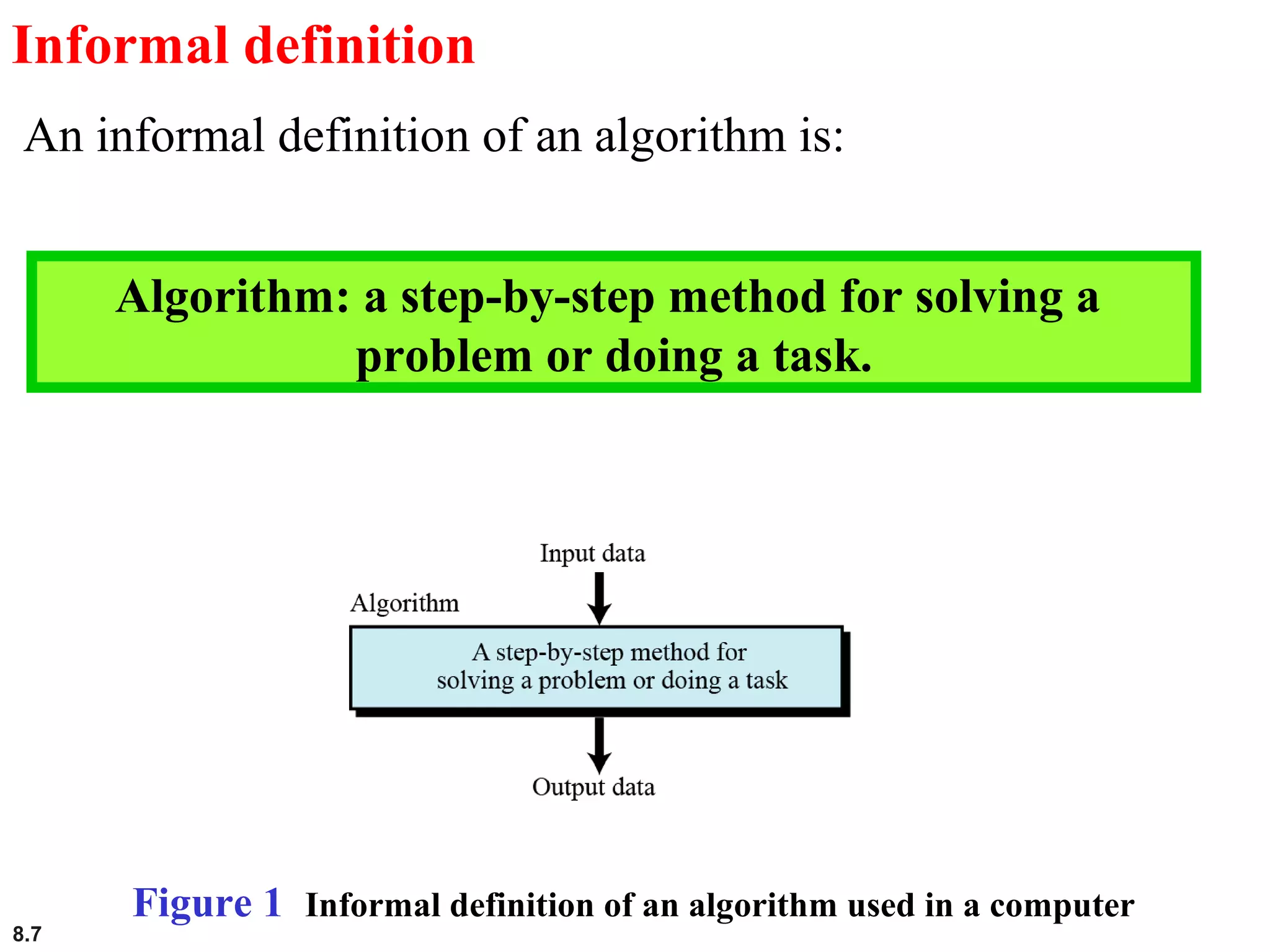 8.7
Informal definition
An informal definition of an algorithm is:
Algorithm: a step-by-step method for solving a
problem or doing a task.
Figure 1 Informal definition of an algorithm used in a computer
 