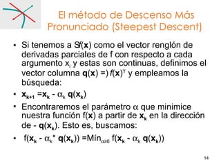 El método de Descenso Más Pronunciado (Steepest Descent)  Si tenemos a   f ( x ) como el vector renglón de derivadas parciales de f con respecto a cada argumento x i  y estas son continuas, definimos el vector columna  q ( x ) =  f ( x ) T  y empleamos la búsqueda: x k+1  = x k  -   k   q ( x k )  Encontraremos el parámetro    que minimice nuestra función f( x ) a partir de  x k  en la dirección de -  q ( x k ). Esto es, buscamos: f( x k  -   k *  q ( x k )) =Mín α ≥0  f( x k  -   k   q ( x k )) 