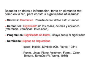 Basados en datos e información, tanto en el mundo real como en la red, para construir significados utilizamos: –  Sintaxis:  Gramática . P ermite definir datos estructurados. –  Semántica:   Significado  de las cosas, actores y acciones (referencia, veracidad, Intensidad). –  Pragmática:   Significado no literal,  influye sobre el significado –  Semiótica :  Signos no lingüísticos  - Icono, Indicio, Símbolo (Ch. Pierce, 1984) - Punto, Línea, Plano, Volúmen, Forma, Color,  llllllllllllllllllllllllllllll Textura, Tamaño (W. Wong, 1985) 
