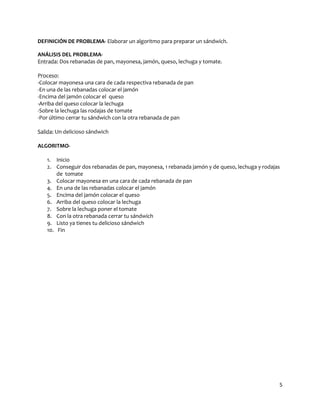 DEFINICIÓN DE PROBLEMA- Elaborar un algoritmo para preparar un sándwich.

ANÁLISIS DEL PROBLEMA-
Entrada: Dos rebanadas de pan, mayonesa, jamón, queso, lechuga y tomate.

Proceso:
-Colocar mayonesa una cara de cada respectiva rebanada de pan
-En una de las rebanadas colocar el jamón
-Encima del jamón colocar el queso
-Arriba del queso colocar la lechuga
-Sobre la lechuga las rodajas de tomate
-Por último cerrar tu sándwich con la otra rebanada de pan

Salida: Un delicioso sándwich

ALGORITMO-

   1. Inicio
   2. Conseguir dos rebanadas de pan, mayonesa, 1 rebanada jamón y de queso, lechuga y rodajas
       de tomate
   3. Colocar mayonesa en una cara de cada rebanada de pan
   4. En una de las rebanadas colocar el jamón
   5. Encima del jamón colocar el queso
   6. Arriba del queso colocar la lechuga
   7. Sobre la lechuga poner el tomate
   8. Con la otra rebanada cerrar tu sándwich
   9. Listo ya tienes tu delicioso sándwich
   10. Fin




                                                                                             5
 