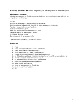 DEFINICION DEL PROBLEMA- Elabora el algoritmo para redactar y enviar un correo electrónico.

ANALISIS DEL PROBLEMA-
Entrada: Cuenta de correo electrónico, contenido de correo en mente, destinatario de correo,
computadora con internet.

Proceso:
-Prender la computadora y abrir el navegador de internet
-En el recuadro del link colocar la dirección de tu portal de correo electrónico
-Acceder a tu cuenta de correo electrónico
-Ir a la opción “enviar nuevo”
-En el área en blanco escribir el texto que se desee
-Llenar los campos de destinatario y asunto
-Seleccionar la opción “enviar”
-Cerrar tu cuenta de correo electrónico

Salida: Un correo redactado y enviado a su destino

ALGORITMO-

    1.    Inicio
    2.    Tener una computadora que cuente con internet
    3.    Tener una cuenta de correo electrónico
    4.    Saber qué texto se va a enviar y el destinatario
    5.    Prender la computadora y abrir tu navegador de internet
    6.    En el área del recuadro del link colocar la dirección del portal de tu cuenta de correo
    7.    Abrir tu correo e ir a la opción “enviar nuevo”
    8.    En el área en blanco escribir el texto que se desee
    9.    Llenar los campos de destinatario y asunto
    10.   Seleccionar la opción enviar
    11.   Cerrar tu cuenta de correo electrónico
    12.   Ahora ya as enviado tu correo
    13.   Fin




                                                                                                    9
 