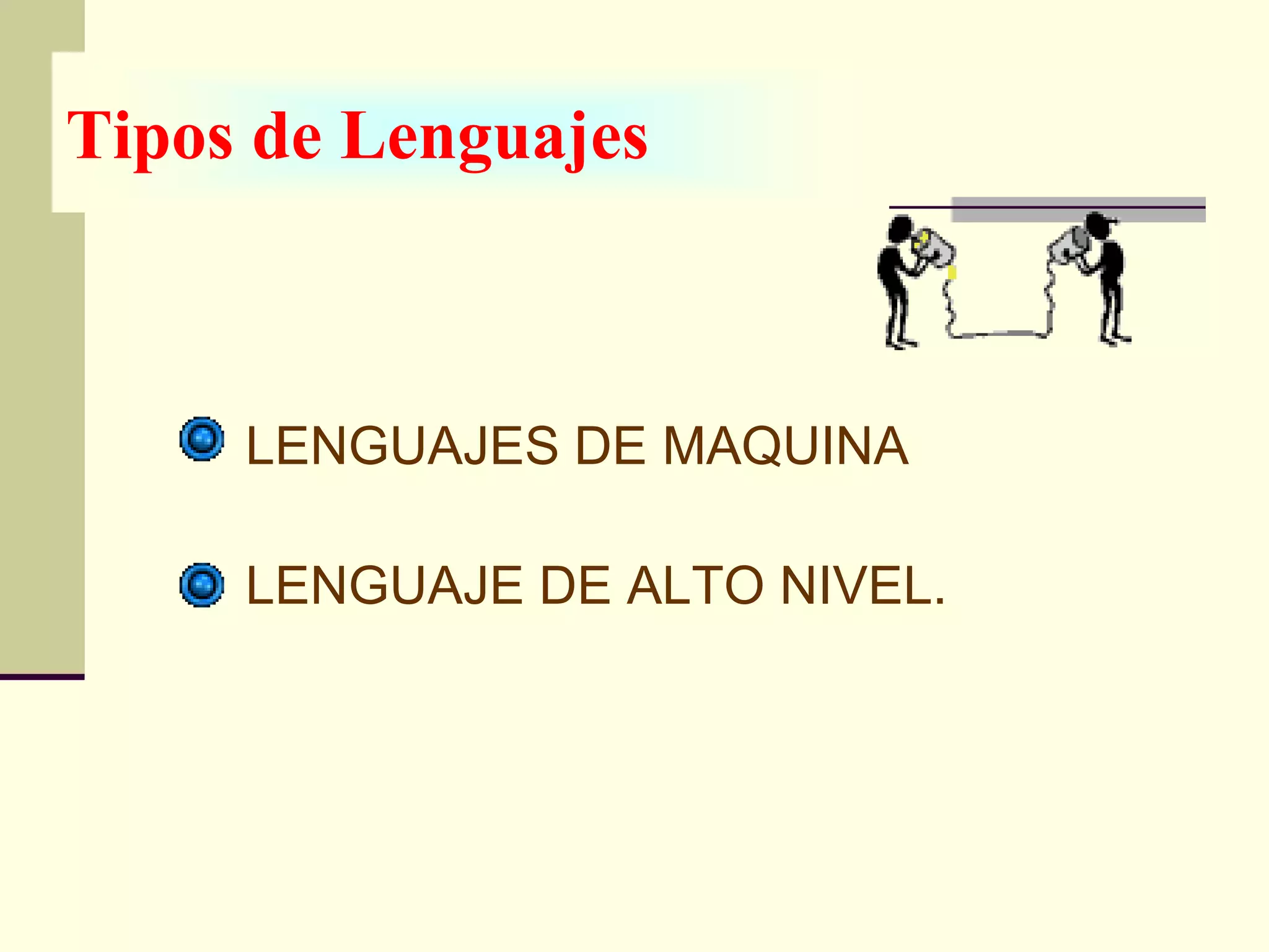 Tipos de Lenguajes



     LENGUAJES DE MAQUINA

     LENGUAJE DE ALTO NIVEL.
 