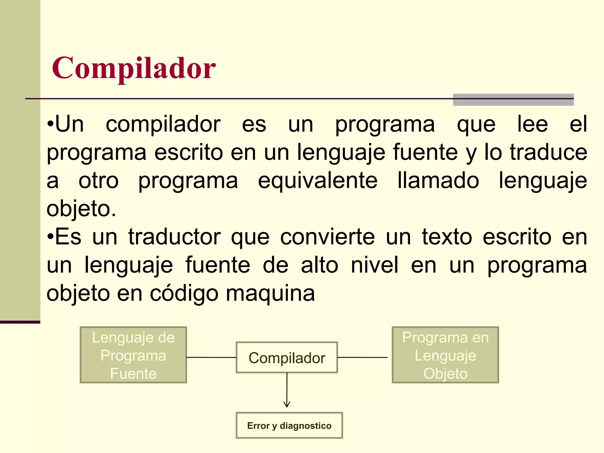 Compilador
•Un compilador es un programa que lee el
programa escrito en un lenguaje fuente y lo traduce
a otro programa equivalente llamado lenguaje
objeto.
•Es un traductor que convierte un texto escrito en
un lenguaje fuente de alto nivel en un programa
objeto en código maquina
    Lenguaje de                         Programa en
     Programa      Compilador            Lenguaje
      Fuente                               Objeto


                  Error y diagnostico
 