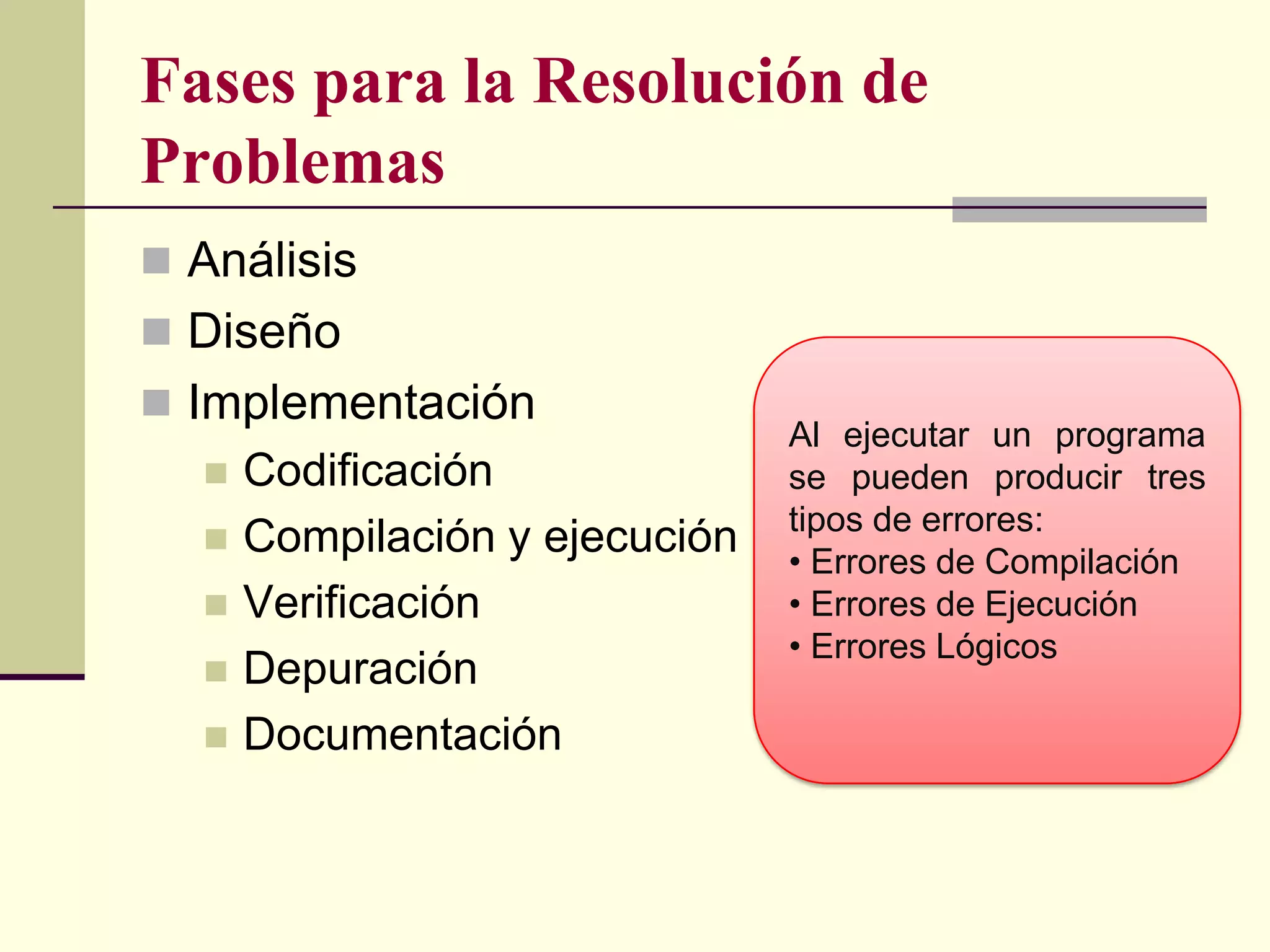 Fases para la Resolución de
Problemas
 Análisis
 Diseño
 Implementación
                                Al ejecutar un programa
     Codificación              se pueden producir tres
                                tipos de errores:
     Compilación y ejecución   • Errores de Compilación
     Verificación              • Errores de Ejecución
                                • Errores Lógicos
     Depuración
     Documentación
 