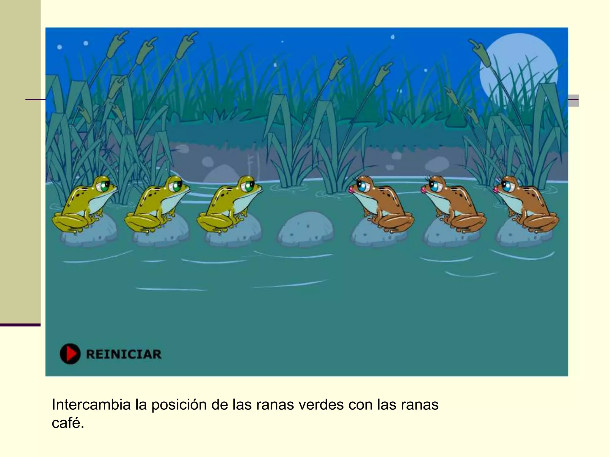 Intercambia la posición de las ranas verdes con las ranas
café.
 