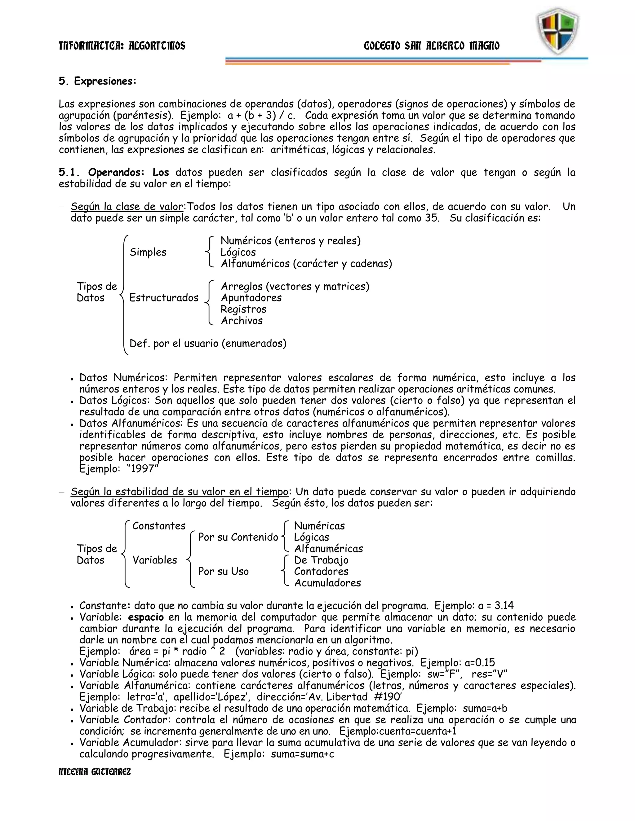 INFORMATICA: ALGORITMOS                                             COLEGIO SAN ALBERTO MAGNO


5. Expresiones:

Las expresiones son combinaciones de operandos (datos), operadores (signos de operaciones) y símbolos de
agrupación (paréntesis). Ejemplo: a + (b + 3) / c. Cada expresión toma un valor que se determina tomando
los valores de los datos implicados y ejecutando sobre ellos las operaciones indicadas, de acuerdo con los
símbolos de agrupación y la prioridad que las operaciones tengan entre sí. Según el tipo de operadores que
contienen, las expresiones se clasifican en: aritméticas, lógicas y relacionales.

5.1. Operandos: Los datos pueden ser clasificados según la clase de valor que tengan o según la
estabilidad de su valor en el tiempo:

  Según la clase de valor:Todos los datos tienen un tipo asociado con ellos, de acuerdo con su valor.   Un
  dato puede ser un simple carácter, tal como „b‟ o un valor entero tal como 35. Su clasificación es:

                                     Numéricos (enteros y reales)
                Simples              Lógicos
                                     Alfanuméricos (carácter y cadenas)

    Tipos de                         Arreglos (vectores y matrices)
    Datos       Estructurados        Apuntadores
                                     Registros
                                     Archivos

                Def. por el usuario (enumerados)


    Datos Numéricos: Permiten representar valores escalares de forma numérica, esto incluye a los
    números enteros y los reales. Este tipo de datos permiten realizar operaciones aritméticas comunes.
    Datos Lógicos: Son aquellos que solo pueden tener dos valores (cierto o falso) ya que representan el
    resultado de una comparación entre otros datos (numéricos o alfanuméricos).
    Datos Alfanuméricos: Es una secuencia de caracteres alfanuméricos que permiten representar valores
    identificables de forma descriptiva, esto incluye nombres de personas, direcciones, etc. Es posible
    representar números como alfanuméricos, pero estos pierden su propiedad matemática, es decir no es
    posible hacer operaciones con ellos. Este tipo de datos se representa encerrados entre comillas.
    Ejemplo: “1997”

  Según la estabilidad de su valor en el tiempo: Un dato puede conservar su valor o pueden ir adquiriendo
  valores diferentes a lo largo del tiempo. Según ésto, los datos pueden ser:

                    Constantes                      Numéricas
                                 Por su Contenido   Lógicas
    Tipos de                                        Alfanuméricas
    Datos           Variables                       De Trabajo
                                 Por su Uso         Contadores
                                                    Acumuladores

    Constante: dato que no cambia su valor durante la ejecución del programa. Ejemplo: a = 3.14
    Variable: espacio en la memoria del computador que permite almacenar un dato; su contenido puede
    cambiar durante la ejecución del programa. Para identificar una variable en memoria, es necesario
    darle un nombre con el cual podamos mencionarla en un algoritmo.
    Ejemplo: área = pi * radio ^ 2 (variables: radio y área, constante: pi)
    Variable Numérica: almacena valores numéricos, positivos o negativos. Ejemplo: a=0.15
    Variable Lógica: solo puede tener dos valores (cierto o falso). Ejemplo: sw=”F”, res=”V”
    Variable Alfanumérica: contiene carácteres alfanuméricos (letras, números y caracteres especiales).
    Ejemplo: letra=‟a‟, apellido=‟López‟, dirección=‟Av. Libertad #190‟
    Variable de Trabajo: recibe el resultado de una operación matemática. Ejemplo: suma=a+b
    Variable Contador: controla el número de ocasiones en que se realiza una operación o se cumple una
    condición; se incrementa generalmente de uno en uno. Ejemplo:cuenta=cuenta+1
    Variable Acumulador: sirve para llevar la suma acumulativa de una serie de valores que se van leyendo o
    calculando progresivamente. Ejemplo: suma=suma+c
NILEYNA GUTIERREZ
 