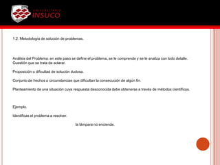 1.2. Metodología de solución de problemas.
Análisis del Problema: en este paso se define el problema, se le comprende y se le analiza con todo detalle.
Cuestión que se trata de aclarar.
Proposición o dificultad de solución dudosa.
Conjunto de hechos o circunstancias que dificultan la consecución de algún fin.
Planteamiento de una situación cuya respuesta desconocida debe obtenerse a través de métodos científicos.
Ejemplo.
Identificas el problema a resolver.
la lámpara no enciende.
 