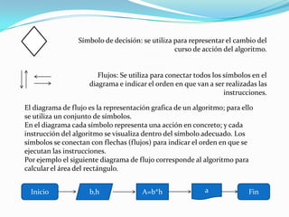 Símbolo de decisión: se utiliza para representar el cambio del
curso de acción del algoritmo.
Flujos: Se utiliza para conectar todos los símbolos en el
diagrama e indicar el orden en que van a ser realizadas las
instrucciones.
El diagrama de flujo es la representación grafica de un algoritmo; para ello
se utiliza un conjunto de símbolos.
En el diagrama cada símbolo representa una acción en concreto; y cada
instrucción del algoritmo se visualiza dentro del símbolo adecuado. Los
símbolos se conectan con flechas (flujos) para indicar el orden en que se
ejecutan las instrucciones.
Por ejemplo el siguiente diagrama de flujo corresponde al algoritmo para
calcular el área del rectángulo.
Inicio b,h A=b*h a Fin
 
