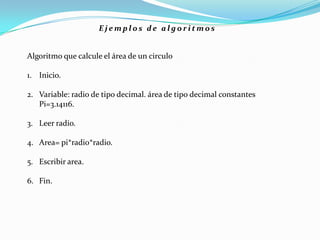 Algoritmo que calcule el área de un circulo
1. Inicio.
2. Variable: radio de tipo decimal. área de tipo decimal constantes
Pi=3.14116.
3. Leer radio.
4. Area= pi*radio*radio.
5. Escribir area.
6. Fin.
E j e m p l o s d e a l g o r i t m o s
 