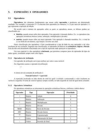 5. EXPRESSÕES E OPERADORES
5.1 Operadores
Operadores são elementos fundamentais que atuam sobre operandos e produzem um determinado
resultado. Por exemplo, a expressão 3 + 2 relaciona dois operandos (os números 3 e 2) por meio do operador (+)
que representa a operação de adição.
De acordo com o número de operandos sobre os quais os operadores atuam, os últimos podem ser
classificados em:
• binários, quando atuam sobre dois operandos. Esta operação é chamada diádica. Ex.: os operadores das
operações aritméticas básicas (soma, subtração, multiplicação e divisão).
• unários, quando atuam sobre um único operando. Esta operação é chamada monádica. Ex.: o sinal de
(-) na frente de um número, cuja função é inverter seu sinal.
Outra classificação dos operadores é feita considerando-se o tipo de dado de seus operandos e do valor
resultante de sua avaliação. Segundo esta classificação, os operandos dividem-se em aritméticos, lógicos e literais.
Esta divisão está diretamente relacionada com o tipo de expressão onde aparecem os operadores.
Um caso especial é o dos operadores relacionais, que permitem comparar pares de operandos de tipos de
dados iguais, resultando sempre num valor lógico.
5.1.1 Operadores de Atribuição
Um operador de atribuição serve para atribuir um valor a uma variável.
Em Algoritmo usamos o operador de atribuição:
:=
A sintaxe de um comando de atribuição é:
NomedaVariável := expressão
A expressão localizada no lado direito do sinal de igual é avaliada e armazenado o valor resultante na
variável à esquerda. O nome da variável aparece sempre sozinho, no lado esquerdo do sinal de igual deste comando.
5.1.2 Operadores Aritméticos
Os operadores aritméticos se relacionam às operações aritméticas básicas, conforme a tabela abaixo:
Operador Tipo Operação Prioridade
+ Binário Adição 4
- Binário Subtração 4
* Binário Multiplicação 3
/ Binário Divisão 3
MOD Binário Resto da Divisão 3
DIV Binário Divisão Inteira 3
** Binário Exponenciação 2
+ Unário Manutenção do Sinal 1
- Unário Inversão do Sinal 1
12
 
