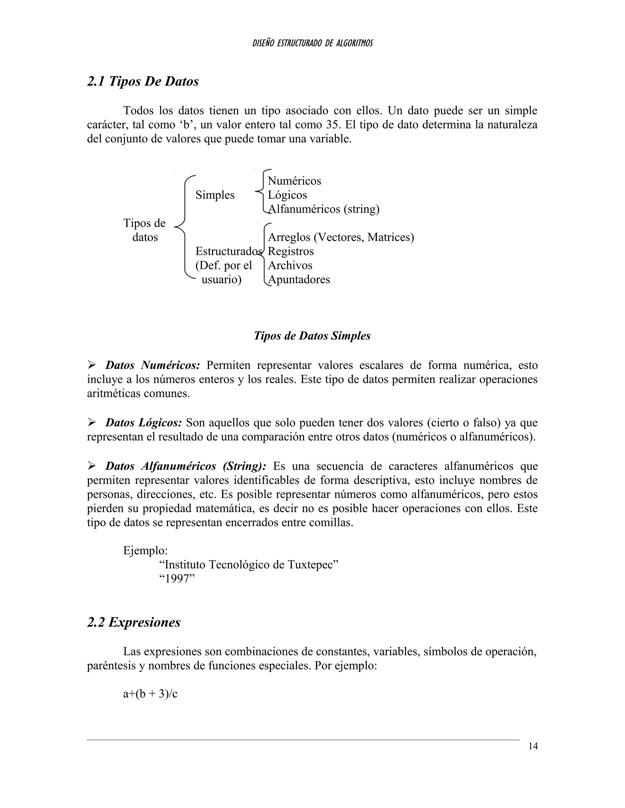 DISEÑO ESTRUCTURADO DE ALGORITMOS
2.1 Tipos De Datos
Todos los datos tienen un tipo asociado con ellos. Un dato puede ser un simple
carácter, tal como ‘b’, un valor entero tal como 35. El tipo de dato determina la naturaleza
del conjunto de valores que puede tomar una variable.
Numéricos
Simples Lógicos
Alfanuméricos (string)
Tipos de
datos Arreglos (Vectores, Matrices)
Estructurados Registros
(Def. por el Archivos
usuario) Apuntadores
Tipos de Datos Simples
 Datos Numéricos: Permiten representar valores escalares de forma numérica, esto
incluye a los números enteros y los reales. Este tipo de datos permiten realizar operaciones
aritméticas comunes.
 Datos Lógicos: Son aquellos que solo pueden tener dos valores (cierto o falso) ya que
representan el resultado de una comparación entre otros datos (numéricos o alfanuméricos).
 Datos Alfanuméricos (String): Es una secuencia de caracteres alfanuméricos que
permiten representar valores identificables de forma descriptiva, esto incluye nombres de
personas, direcciones, etc. Es posible representar números como alfanuméricos, pero estos
pierden su propiedad matemática, es decir no es posible hacer operaciones con ellos. Este
tipo de datos se representan encerrados entre comillas.
Ejemplo:
“Instituto Tecnológico de Tuxtepec”
“1997”
2.2 Expresiones
Las expresiones son combinaciones de constantes, variables, símbolos de operación,
paréntesis y nombres de funciones especiales. Por ejemplo:
a+(b + 3)/c
14
 
