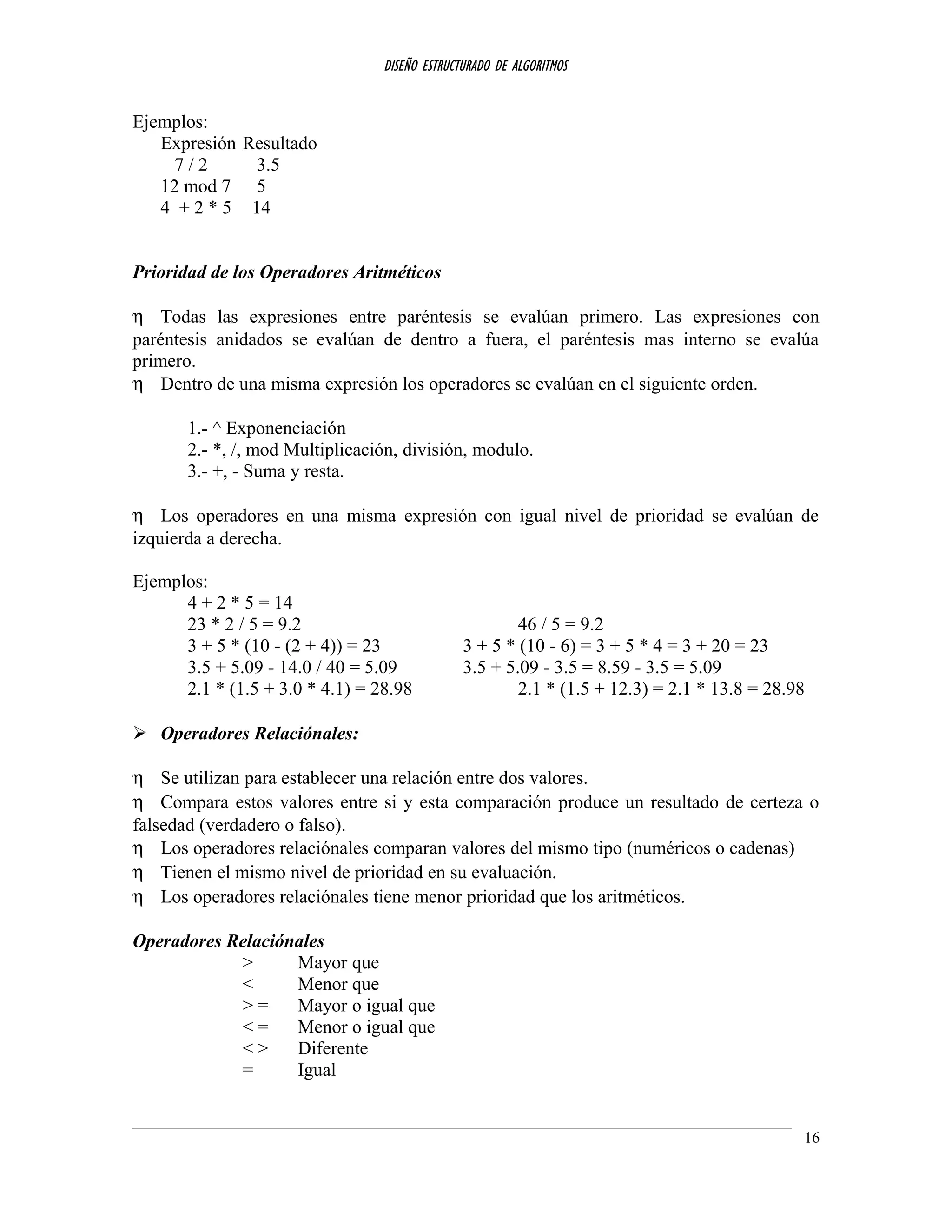 DISEÑO ESTRUCTURADO DE ALGORITMOS
Ejemplos:
Expresión Resultado
7 / 2 3.5
12 mod 7 5
4 + 2 * 5 14
Prioridad de los Operadores Aritméticos
η Todas las expresiones entre paréntesis se evalúan primero. Las expresiones con
paréntesis anidados se evalúan de dentro a fuera, el paréntesis mas interno se evalúa
primero.
η Dentro de una misma expresión los operadores se evalúan en el siguiente orden.
1.- ^ Exponenciación
2.- *, /, mod Multiplicación, división, modulo.
3.- +, - Suma y resta.
η Los operadores en una misma expresión con igual nivel de prioridad se evalúan de
izquierda a derecha.
Ejemplos:
4 + 2 * 5 = 14
23 * 2 / 5 = 9.2 46 / 5 = 9.2
3 + 5 * (10 - (2 + 4)) = 23 3 + 5 * (10 - 6) = 3 + 5 * 4 = 3 + 20 = 23
3.5 + 5.09 - 14.0 / 40 = 5.09 3.5 + 5.09 - 3.5 = 8.59 - 3.5 = 5.09
2.1 * (1.5 + 3.0 * 4.1) = 28.98 2.1 * (1.5 + 12.3) = 2.1 * 13.8 = 28.98
 Operadores Relaciónales:
η Se utilizan para establecer una relación entre dos valores.
η Compara estos valores entre si y esta comparación produce un resultado de certeza o
falsedad (verdadero o falso).
η Los operadores relaciónales comparan valores del mismo tipo (numéricos o cadenas)
η Tienen el mismo nivel de prioridad en su evaluación.
η Los operadores relaciónales tiene menor prioridad que los aritméticos.
Operadores Relaciónales
> Mayor que
< Menor que
> = Mayor o igual que
< = Menor o igual que
< > Diferente
= Igual
16
 