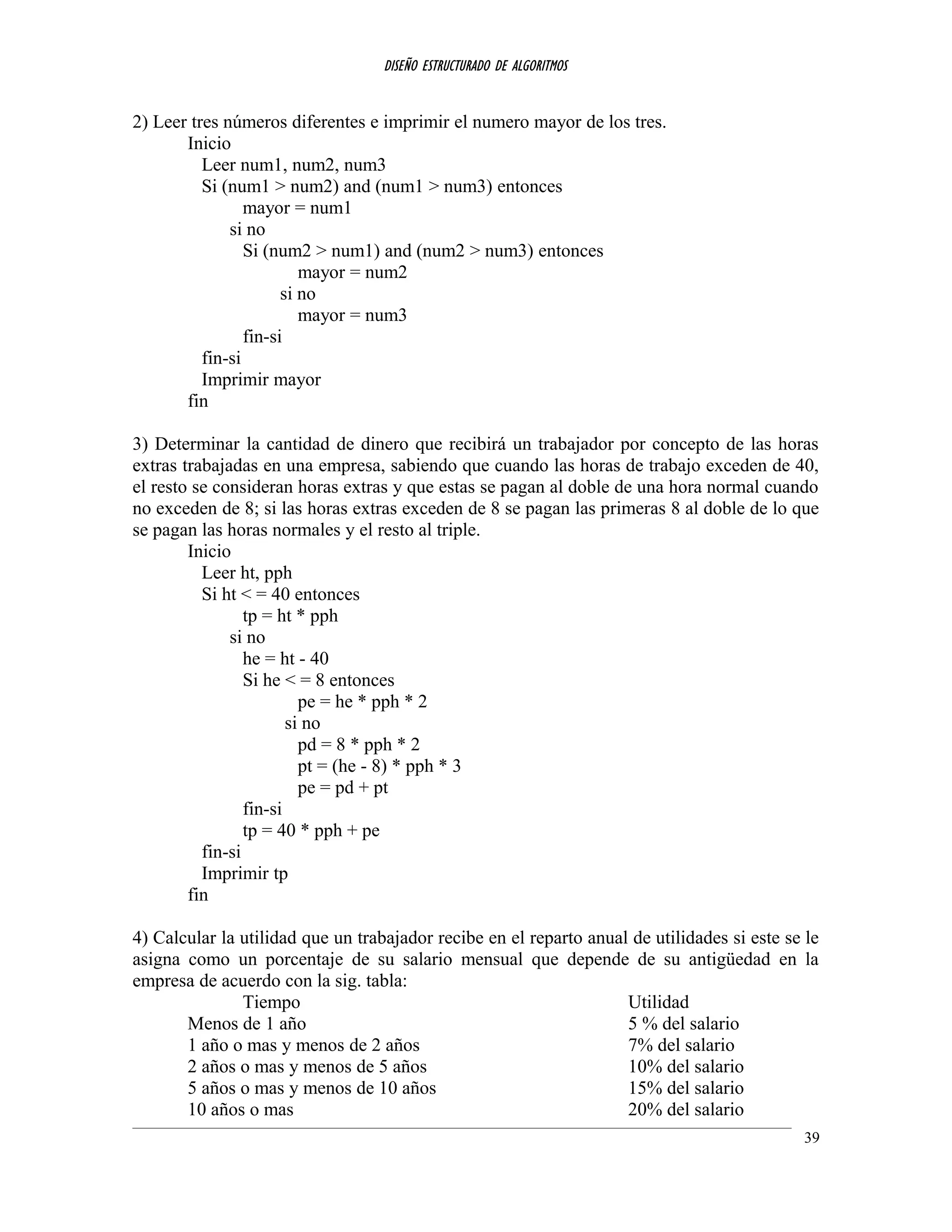 DISEÑO ESTRUCTURADO DE ALGORITMOS
2) Leer tres números diferentes e imprimir el numero mayor de los tres.
Inicio
Leer num1, num2, num3
Si (num1 > num2) and (num1 > num3) entonces
mayor = num1
si no
Si (num2 > num1) and (num2 > num3) entonces
mayor = num2
si no
mayor = num3
fin-si
fin-si
Imprimir mayor
fin
3) Determinar la cantidad de dinero que recibirá un trabajador por concepto de las horas
extras trabajadas en una empresa, sabiendo que cuando las horas de trabajo exceden de 40,
el resto se consideran horas extras y que estas se pagan al doble de una hora normal cuando
no exceden de 8; si las horas extras exceden de 8 se pagan las primeras 8 al doble de lo que
se pagan las horas normales y el resto al triple.
Inicio
Leer ht, pph
Si ht < = 40 entonces
tp = ht * pph
si no
he = ht - 40
Si he < = 8 entonces
pe = he * pph * 2
si no
pd = 8 * pph * 2
pt = (he - 8) * pph * 3
pe = pd + pt
fin-si
tp = 40 * pph + pe
fin-si
Imprimir tp
fin
4) Calcular la utilidad que un trabajador recibe en el reparto anual de utilidades si este se le
asigna como un porcentaje de su salario mensual que depende de su antigüedad en la
empresa de acuerdo con la sig. tabla:
Tiempo Utilidad
Menos de 1 año 5 % del salario
1 año o mas y menos de 2 años 7% del salario
2 años o mas y menos de 5 años 10% del salario
5 años o mas y menos de 10 años 15% del salario
10 años o mas 20% del salario
39
 