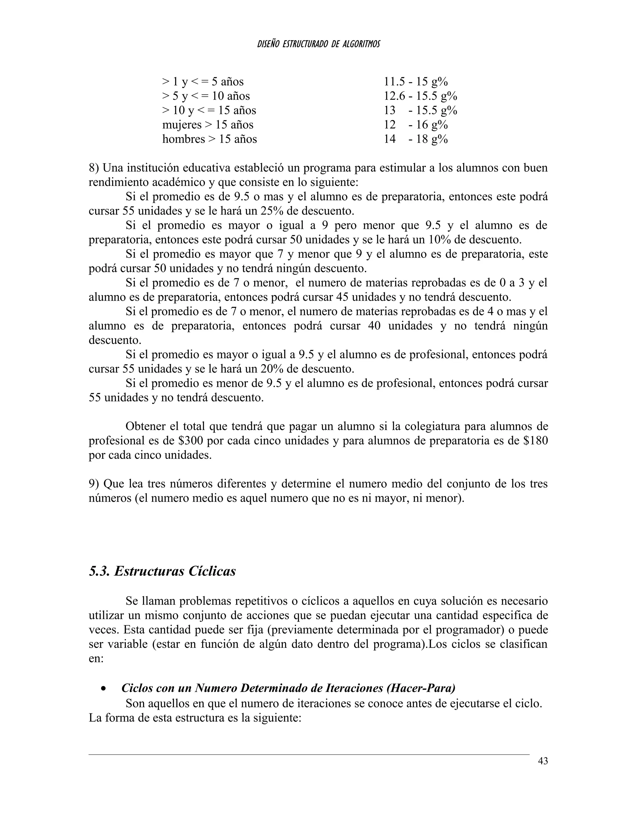 DISEÑO ESTRUCTURADO DE ALGORITMOS
> 1 y < = 5 años 11.5 - 15 g%
> 5 y < = 10 años 12.6 - 15.5 g%
> 10 y < = 15 años 13 - 15.5 g%
mujeres > 15 años 12 - 16 g%
hombres > 15 años 14 - 18 g%
8) Una institución educativa estableció un programa para estimular a los alumnos con buen
rendimiento académico y que consiste en lo siguiente:
Si el promedio es de 9.5 o mas y el alumno es de preparatoria, entonces este podrá
cursar 55 unidades y se le hará un 25% de descuento.
Si el promedio es mayor o igual a 9 pero menor que 9.5 y el alumno es de
preparatoria, entonces este podrá cursar 50 unidades y se le hará un 10% de descuento.
Si el promedio es mayor que 7 y menor que 9 y el alumno es de preparatoria, este
podrá cursar 50 unidades y no tendrá ningún descuento.
Si el promedio es de 7 o menor, el numero de materias reprobadas es de 0 a 3 y el
alumno es de preparatoria, entonces podrá cursar 45 unidades y no tendrá descuento.
Si el promedio es de 7 o menor, el numero de materias reprobadas es de 4 o mas y el
alumno es de preparatoria, entonces podrá cursar 40 unidades y no tendrá ningún
descuento.
Si el promedio es mayor o igual a 9.5 y el alumno es de profesional, entonces podrá
cursar 55 unidades y se le hará un 20% de descuento.
Si el promedio es menor de 9.5 y el alumno es de profesional, entonces podrá cursar
55 unidades y no tendrá descuento.
Obtener el total que tendrá que pagar un alumno si la colegiatura para alumnos de
profesional es de $300 por cada cinco unidades y para alumnos de preparatoria es de $180
por cada cinco unidades.
9) Que lea tres números diferentes y determine el numero medio del conjunto de los tres
números (el numero medio es aquel numero que no es ni mayor, ni menor).
5.3. Estructuras Cíclicas
Se llaman problemas repetitivos o cíclicos a aquellos en cuya solución es necesario
utilizar un mismo conjunto de acciones que se puedan ejecutar una cantidad especifica de
veces. Esta cantidad puede ser fija (previamente determinada por el programador) o puede
ser variable (estar en función de algún dato dentro del programa).Los ciclos se clasifican
en:
• Ciclos con un Numero Determinado de Iteraciones (Hacer-Para)
Son aquellos en que el numero de iteraciones se conoce antes de ejecutarse el ciclo.
La forma de esta estructura es la siguiente:
43
 