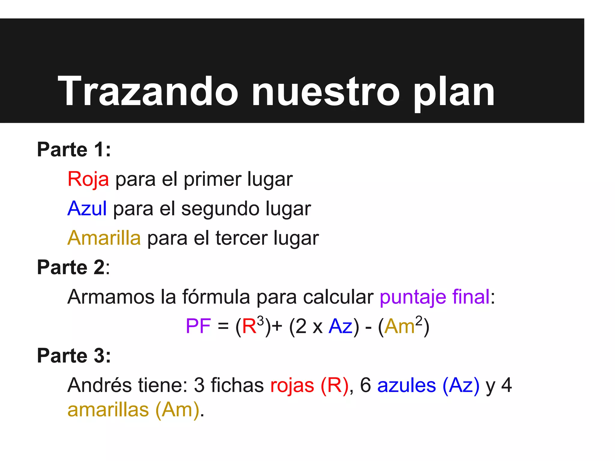 Trazando nuestro plan
Parte 1:
Roja para el primer lugar
Azul para el segundo lugar
Amarilla para el tercer lugar
Parte 2:
Armamos la fórmula para calcular puntaje final:
PF = (R3
)+ (2 x Az) - (Am2
)
Parte 3:
Andrés tiene: 3 fichas rojas (R), 6 azules (Az) y 4
amarillas (Am).
 